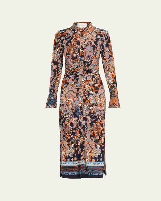 Shirley Ruched Paisley-Print Midi Shirtdress